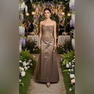 Yoly Munoz Appliqué Lace Corset Bustle‎ Strapless Metallic Gala Event Gown 10